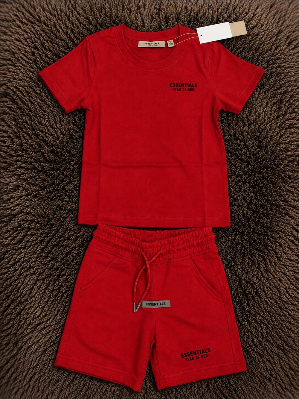 Kids Fear of God ESSENTIALS red Tee and Shorts Set